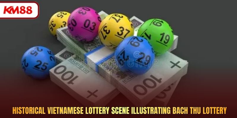 Historical Vietnamese lottery scene illustrating Bach Thu lottery