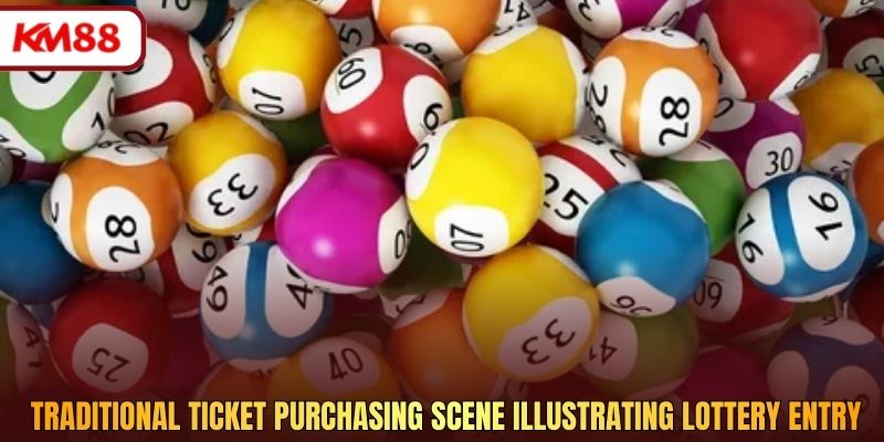 Traditional ticket purchasing scene illustrating lottery entry