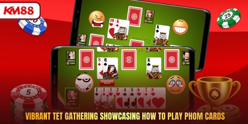 Vibrant Tet gathering showcasing how to play Phom cards